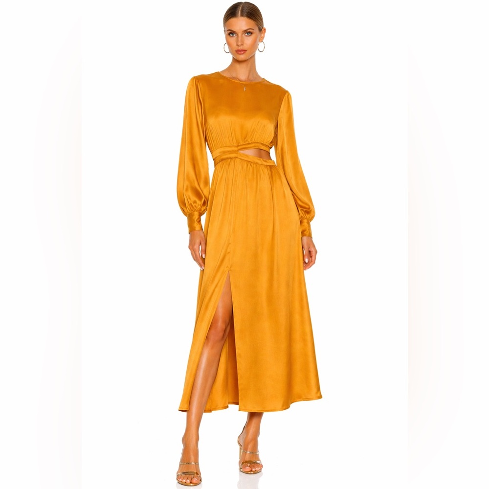 Like New The Drop Mustard Satin Cutout Midi Dress Long Sleeve Slit Size Small